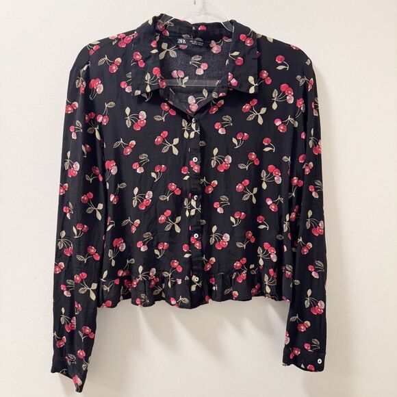 Zara Black Cherry Print Blouse - Size Large - Picture 1 of 4